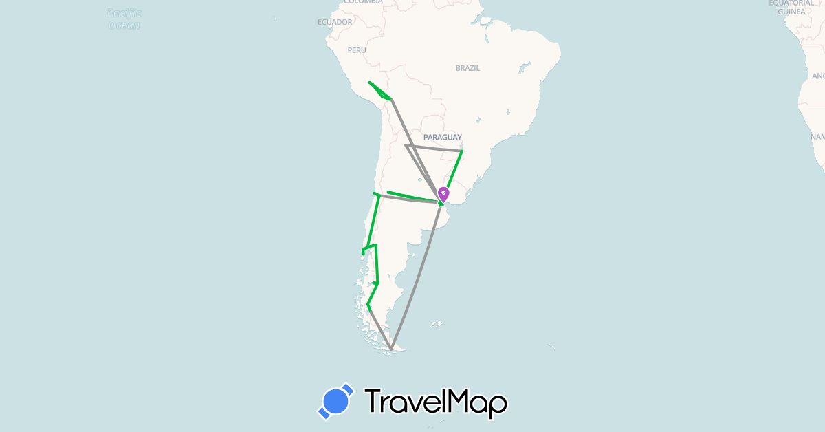 TravelMap itinerary: driving, bus, plane, train, boat in Argentina, Bolivia, Brazil, Chile, Peru, Uruguay (South America)